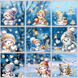 AivaToba 9 Stück Fensterbilder Weihnachten Schneemann Schneeflocken Weihnachtsdeko Fenster Wiederverwendbar Selbstklebend PVC Static Fensterfolie