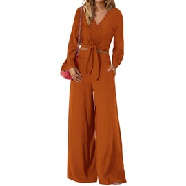 PRETTYGARDEN 2 Piece Outfits For Women Trendy Soft Cropped Tops Wide Leg Pant Sets Fall Matching Sets For Work Business(Solid Brown Orange,Medium)