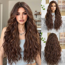 OUFEI Long Brown Wig With Bangs Wavy Wigs for Black Women Natural Synthetic Hair Heat Resistant Wigs for Daily Party Cosplay Wear