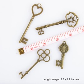 CHuangQi Vintage Skeleton Keys Set - Filigree Steampunk Antique Bronze Charms Pendants, Double-sided, No Repetition (Pack of 10)