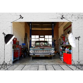 Loccor 7x5ft Fabric Vintage Garage Car Backdrop Retro Vintage Garage Workshop Car Repair Photography Background for Car Theme Party Mechanic Party Decor Photo Booth Studio Props