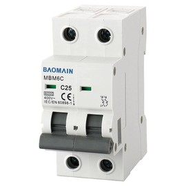 Baomain Miniature Circuit Breaker 2-Pole 25A MBM6C DZ47-63 C25 400VAC, DIN Rail Mount MCB 2P, for Electrical Distribution and Lighting Circuits
