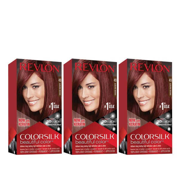 Revlon Colorsilk Beautiful Color Permanent Hair Color with 3D Gel Technology & Keratin, 100% Gray Coverage Hair Dye, 49 Auburn Brown, 4.4 oz (Pack of 3)