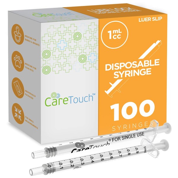 Care Touch 1ml Syringe Only - 100 Sterile Syringes (No Needle) (1ml Luer Slip Tip, 100),100 Count (Pack of 1)