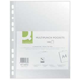 Q-Connect KF15632 Document Wallets/Transparent Wallets Grained A4 Pack of 100 / Grained Top Open Transparent Pockets Perforated Plastic Cover / Transparent 40 Micron
