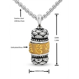 JAJAFOOK Feng Shui Rotatable Prayer Wheel Fidget Pendant Necklace, Om Mani Padme Hum Buddhist Mantra, Memorial Urn for Ashes or Small Pill Holder, with 24 Inch Stainless Steel Chain