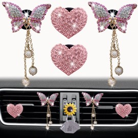 Pink Heart & Butterfly Pandent Air Vent Clips, 4 Pcs Bling Heart Car Air Fresheners Vents Clips Diamond Car Interior Decor Bling Cute Car Accessories Car Decoration for Women +Sunflower Mask Hook