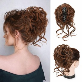 Messy Bun Clip in Bun Hair Extensions Claw Clip Hair Bun Wavy Curly Chignon Hair Buns for Women Bun Extensions Tousled Updo Bun Ponytail Extension Messy Bun (Black Brown mix Light Auburn)
