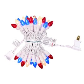 4th of July Decoration Patriotic LED C3 Glass Mini Lights 50 Count Red White Blue Plug in String Lights 120V ETL Cerfified Plug in for Indoor Outdoor Christmas Party Patio Independence Day Decoration