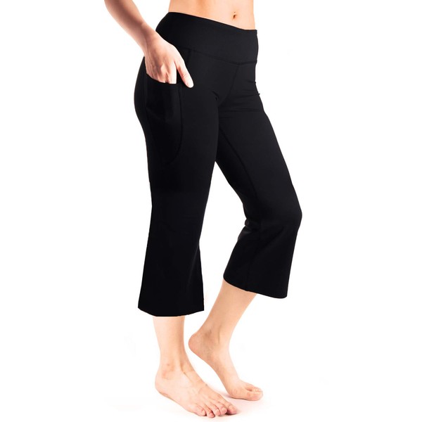 Yogipace Women's 20"/22"/24" Cropped Flare Yoga Pants Capri Length Lounge Pants with Side Pockets, YCW1403, 22", Black, Size XXL