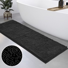 HOMEIDEAS Bathroom Rug Runner Black 17x47 inch, Ultra Soft and Absorbent Non-Slip Long Bath Rug, Thick Chenille Plush Machine Washable Shower Floor Carpet