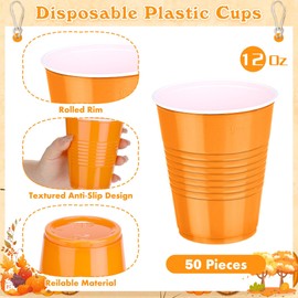 Kochorie 50 Pack Disposable Plastic Cups 12 Ounce Orange Solo Cups Drinking Party Cups Bulk Party Cups for Fall Thanksgiving, Wedding Birthday Parties, Picnics Events