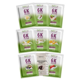 Nutri + Protein Sample Set (9 x 30 g) – Protein Powder Mix Sample Package – 6k Protein Powder Sample Set – Sample Mix Tasting Pack Banana, Vanilla Ice, Nut, Coconut – Protein Tasting Set