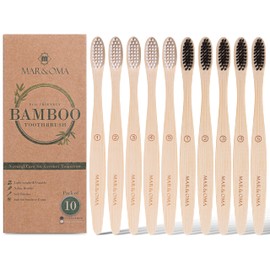 MAR&OMA Bamboo Toothbrush, Soft Nylon Bristles, Pack of 10, Black and White