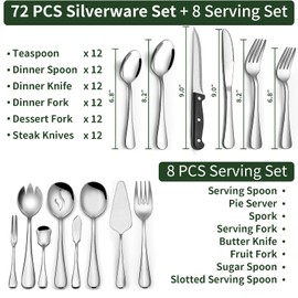 80 Pieces Silverware Set with Serving Utensils Set, CEKEE Stainless Steel Flatware Set for 12 with Steak Knives, Heavy Duty Cutlery Set, Kitchen Utensil Sets for Home Restaurant, Dishwasher Safe