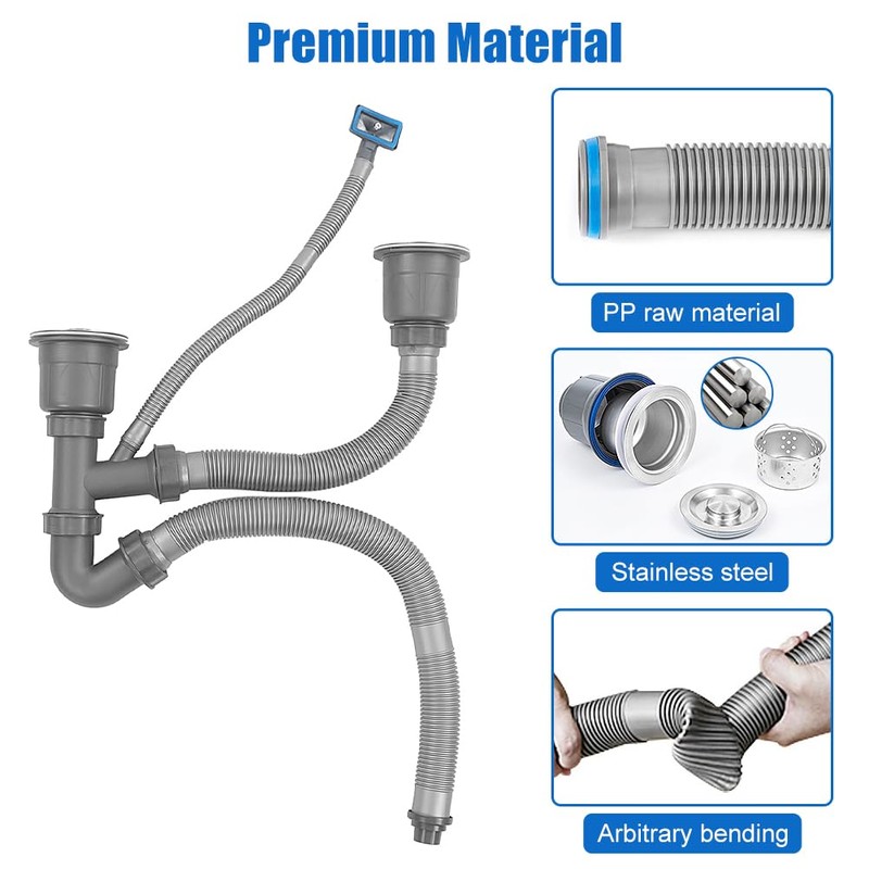Double Kitchen Sinks Drain Pipe Kit, Expandable All In One