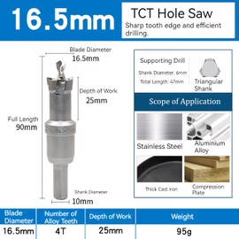 16.5mm TCT Hole Saw, 21/32” Cutting Diameter Tungsten Carbide Tipped Hole Cutter Opener Drill Bit, for Stainless Steel Metal Plate Aluminum