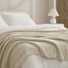 PHF Cooling Muslin Blanket Queen Size 90"x80", 6-Layer Lightweight Gauze Blanket Made from 35% Rayon Derived from Bamboo & 65% Cotton, Breathable & Ultra Soft Cozy, Aesthetic Home Decor, French Oak