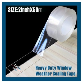Transparent Window Weather Sealing Tape，2-Inch x 50ft，Clear Window Draft Isolation Sealing Film Tape，Clear Draft Stopper Adhesive Tape for Doors, Windows and Shower Glass Gaps. (2-Inch x 50FT)