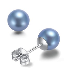 YAMI Round Akoya Cultured Pearl Earrings - Black/Blue/White, 925 Sterling Silver Classic Solitaire Pearl Studs for Women, Hypoallergenic - Perfect Birthday & Christmas Gifts, Sterling Silver