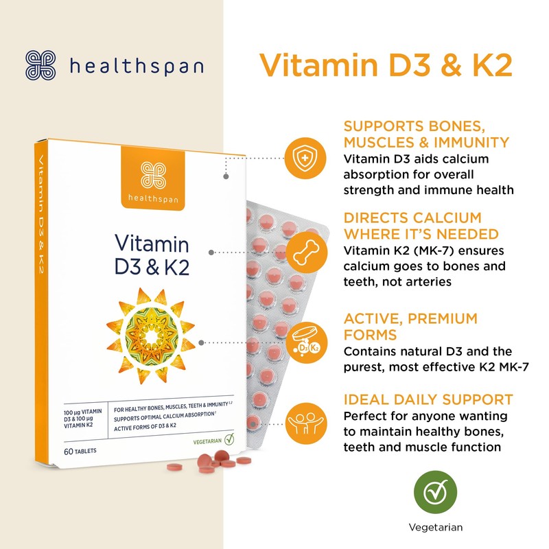 Vitamin D3 and K2 | 60 Tablets | for Immune,
