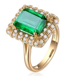 Vintage Women 18K Gold Rectangle Green Simulated Emerald Gemstone Crystal Band Rings Jewelry Size 8