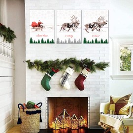 Christmas Wall Art Set of 3, Framed Canvas Wall art Santa Claus Sleigh with Reindeer Design Christmas Wall Decor Prints Xmas Sign Decor for Living Room, Bedroom, Office, Wall Decor, Home Decorations
