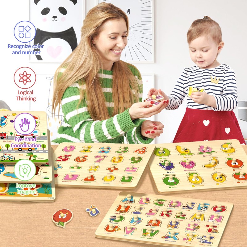 edutree Wooden Peg Puzzles for Toddlers 2-4, 6 Pack Educational