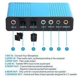 Sound Card, 6-Channel External Sound Card, USB 2.0, External 5.1 Surround Sound, Optical S/PDIF Audio Sound Card Adapter for PC, Laptop, Blue