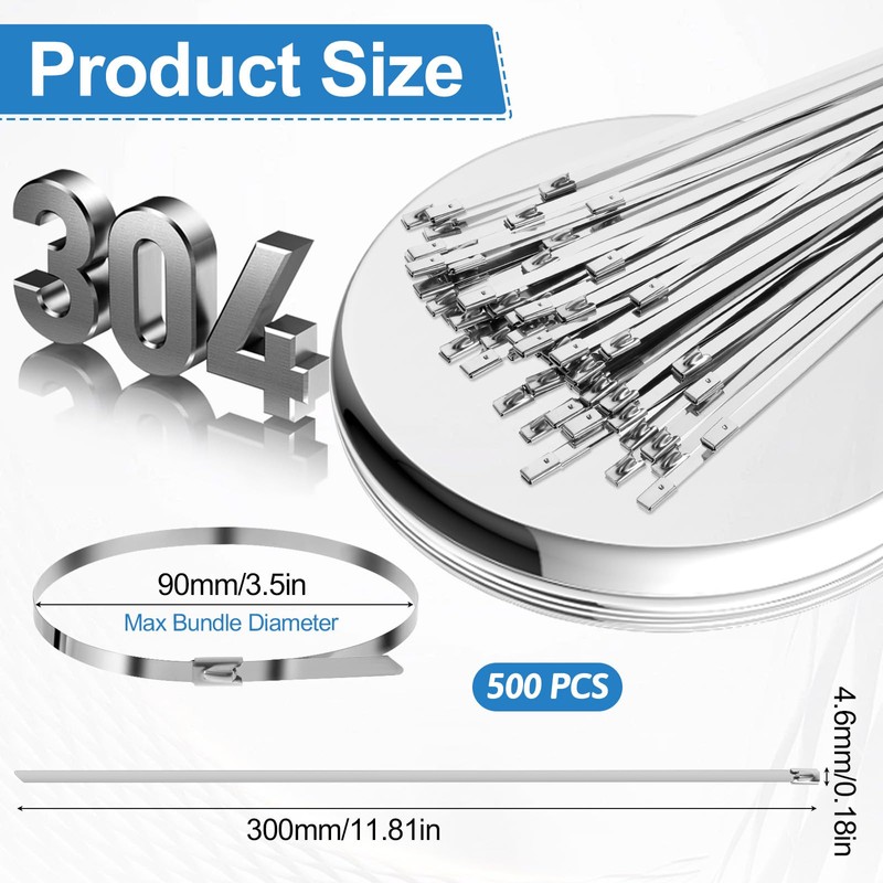 500 Pcs Metal Zip Ties 11.8 Inch Heavy Duty 304