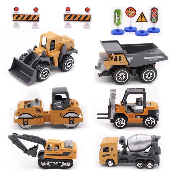 Childom Alloy Construction Engineering Vehicle Toys Set 12 Pack Stacker,Big Forklift,Heavy Duty Roller,Excavator,Heavy Transport Vehicle,Engineering Mixer Set for Kids Boys