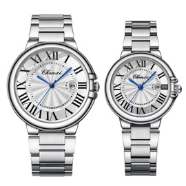 JewelryWe Silver Couple Watches Set: Round Analog Quartz Calendar Stainless Steel Casual Business Dress Wristwatch for Men Women