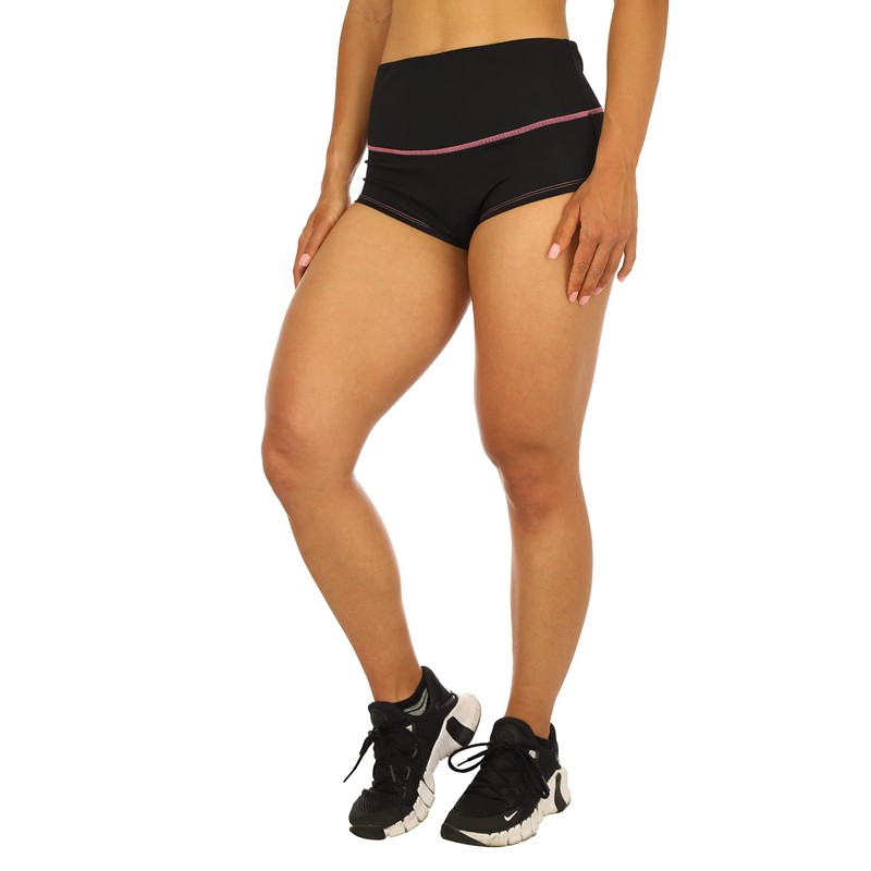 RUMPY Pantalones calientes de talle alto, Negro con hilo rosa,