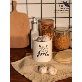 Large Garlic Keeper with Wood Lid, Ceramic Garlic Container for Counter,Garlic Saver to Keep Your Garlic Cloves Fresh Longer, 31 oz White