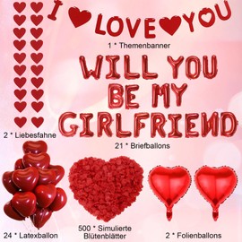Will You Be My Girlfriend - 500+ Pcs Red Balloons Party Decorations Letter Heart Foil Latex Balloons Artificial Rose Petals for Girlfriends Romantic Proposal Party Anniversary Decoration Supplies