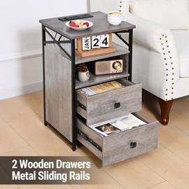 Livofloral Nightstands Set 2 with Charging Station, LED Nightstand with Wood Drawers, End Tables Living Room Set 2 with Storage, Farmhouse End Table Set of 2, Bedside Table for Bedroom, Grey