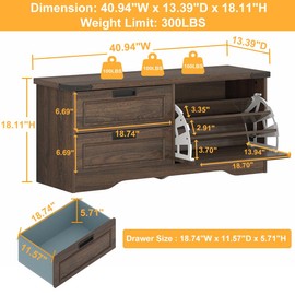 FATORRI Bench with Shoe Storage for Entryway, Wooden Shoe Benches with Flip Door and Drawers, Entry Way Shoes Organizer Cabinet for Living Room Mudroom (Dark Walnut)