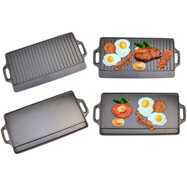 Pre Seasoned Cast Iron Non-Stick Reversible Griddle Plate Pan Double Sided with Integrated Handles and Oil Drip Tray - Suitable for BBQ, Induction, Gas and Electric Hobs - 50 x 23 cm