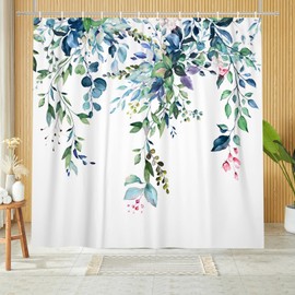 GKLEASG Eucalyptus Extra Long Shower Curtain, Watercolor Green Leaves Plant Floral Spring Nature Waterproof Fabric Machine Washable with Hooks for Bathroom Bathtub Decor 72Wx78H