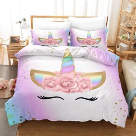 Unicorn Duvet Cover for Girls Boys Rainbow Kids Bedding set with 2 Pillowcases Pink Flower Quilt Cover with Zipper, Ultra Soft Polyester Microfiber Duvet Cover (Pink 3, Double)