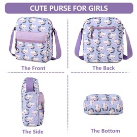 Girls Handbag, VASCHY Cute Shoulder Bag for Teen Little Girls Lightweight Small Cross Body Messenger Satchel Bag with Inner Water Pocket（Purple Cat）
