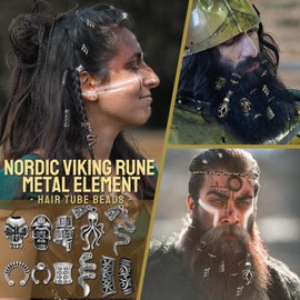 Fscwlmon 207Pcs Viking Hair Jewelry Nordic Runes Tube Beads,Accessories Kit for Braids Dreadlock Beard Locs,Metal Clips Cuff Rings,Braiding Beard Decoration Bracelets Pendant Necklace DIY Silvery