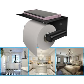 Deep Joy Bathroom Toilet Paper Holder, Matte Black Wall Mount Toilet Roll Holder with Shelf, Aluminum Spring Loaded Roller Wall Toilet Paper Roll Holder for Bathroom & Kitchen