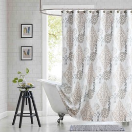 BESTRIPES Extra Wide Fabric Shower Curtain, White Beige Gray Boho Damask Print Wrap Around Shower Curtains for Bathroom Clawfoot Tubs, 108" W x 72" H