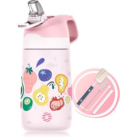 Fjbottle 350 ml Children's Water Bottle, Stainless Steel, Insulated Water Bottle, BPA-Free, Thermos Flask, Children's Bottle with Straw, Lightweight Pattern