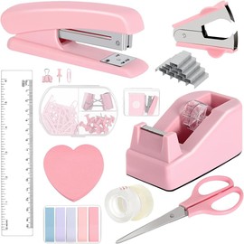 OHAOLYLE Pink Office Supplies Set Desk Accessories Kit Include Stapler,1000pcs Staples,Stapler Remover,Clips,Tape,Tape Holder,Scissor,Ruler and Tabs
