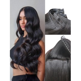 LUVME Invisible Clip in Hair Extensions Body Wave Real Human Hair, Remy Hair Clip ins for Women, Natural Human Hair, 20 inch 110g 6Pcs, Natural Black