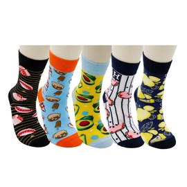 Guangstar Novelty Fruit and Food Theme Casual Crew Socks for Men and Women - 5 Pairs, Size 9-11 (Fruit and Food 2)