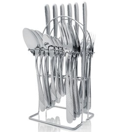 Gold Silverware Set, Caliamary 24 Pieces Flatware Set with Silverware Holder, Stainless Steel Knives and Forks and Spoons Cutlery Set Service for 6, Kitchen Utensil Tableware Set with Antiskid Handle