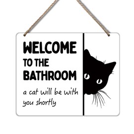 Udinaz Funny Black Cat Welcome Hanging Sign for Bathroom, Funny Bathroom Wall Decor, Humorous Black Cat Hanging Wood Plaque Decor for Bath Room Washroom Wall Door Decorations